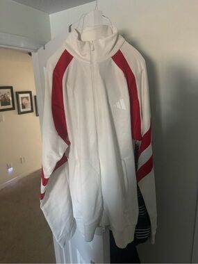 Brand New, Never Worn, White and Red Performance Adidas Full‑Zip Jacket